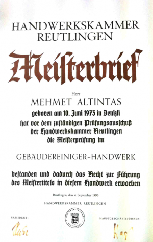 meisterbrief von mehmet Altintas